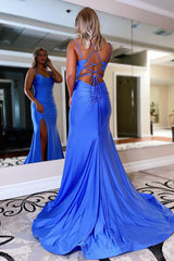 Prom Dress in Blue with Lace-Up Detail and Slit