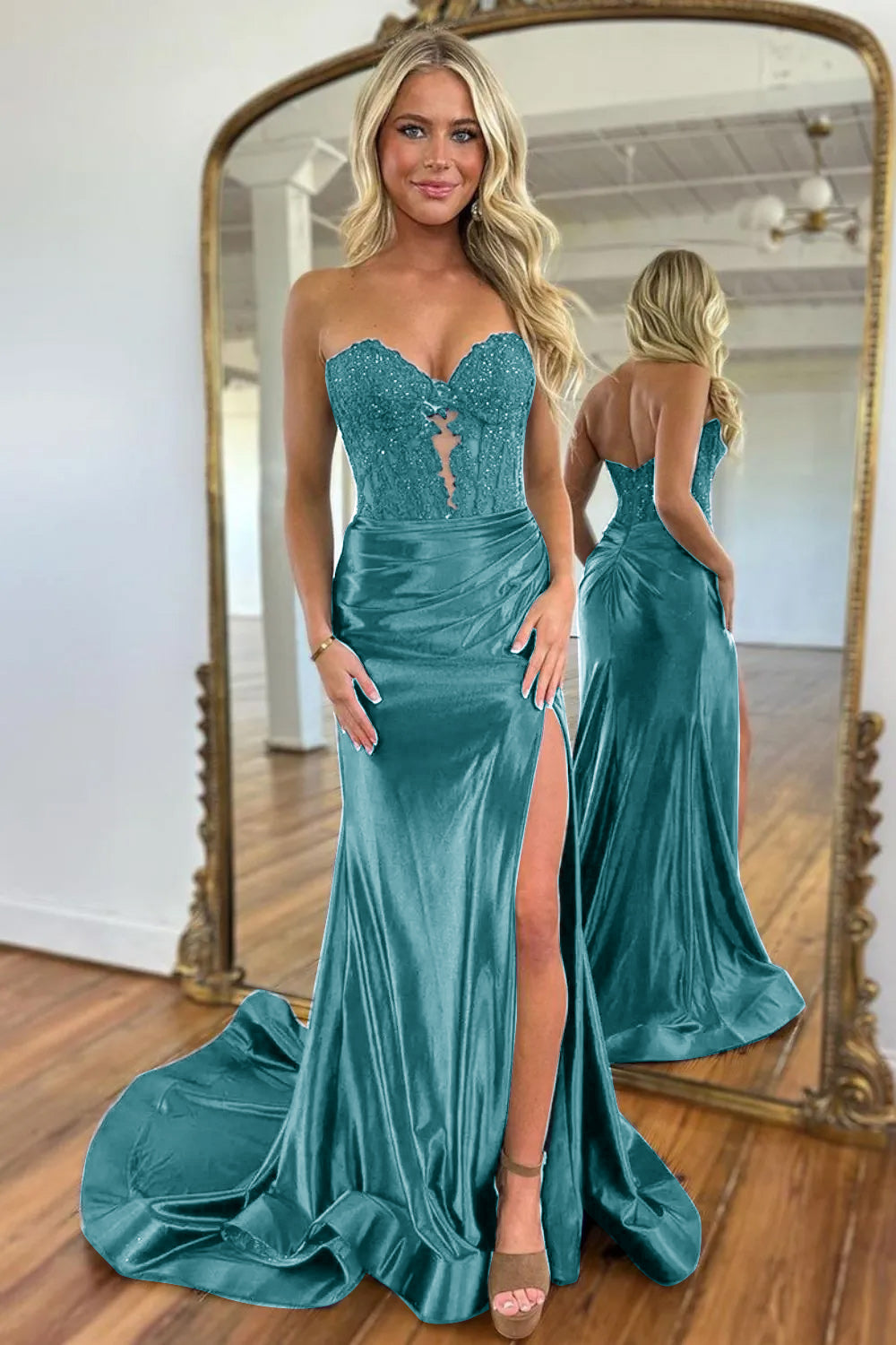 Long Sweetheart Corset Prom Dress in Royal Blue with Mermaid Silhouette and Appliques