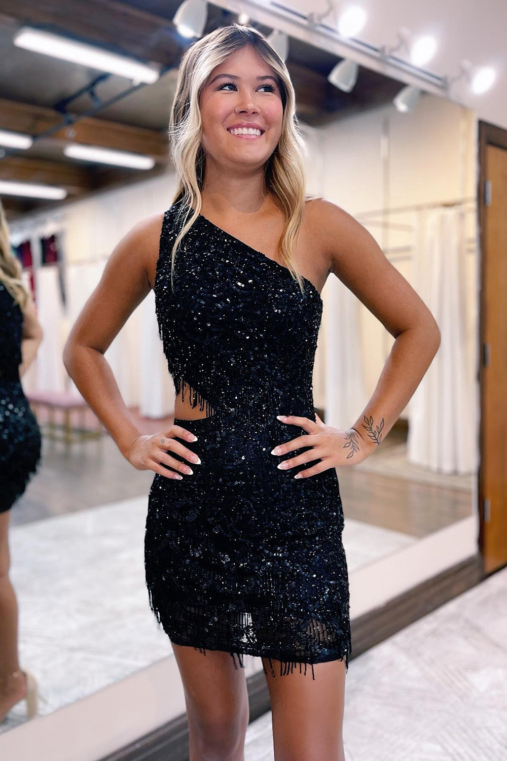 Sparkly Orange One Shoulder Sequins Cut Out Short Homecoming Dress/Mini Dress with Fringes