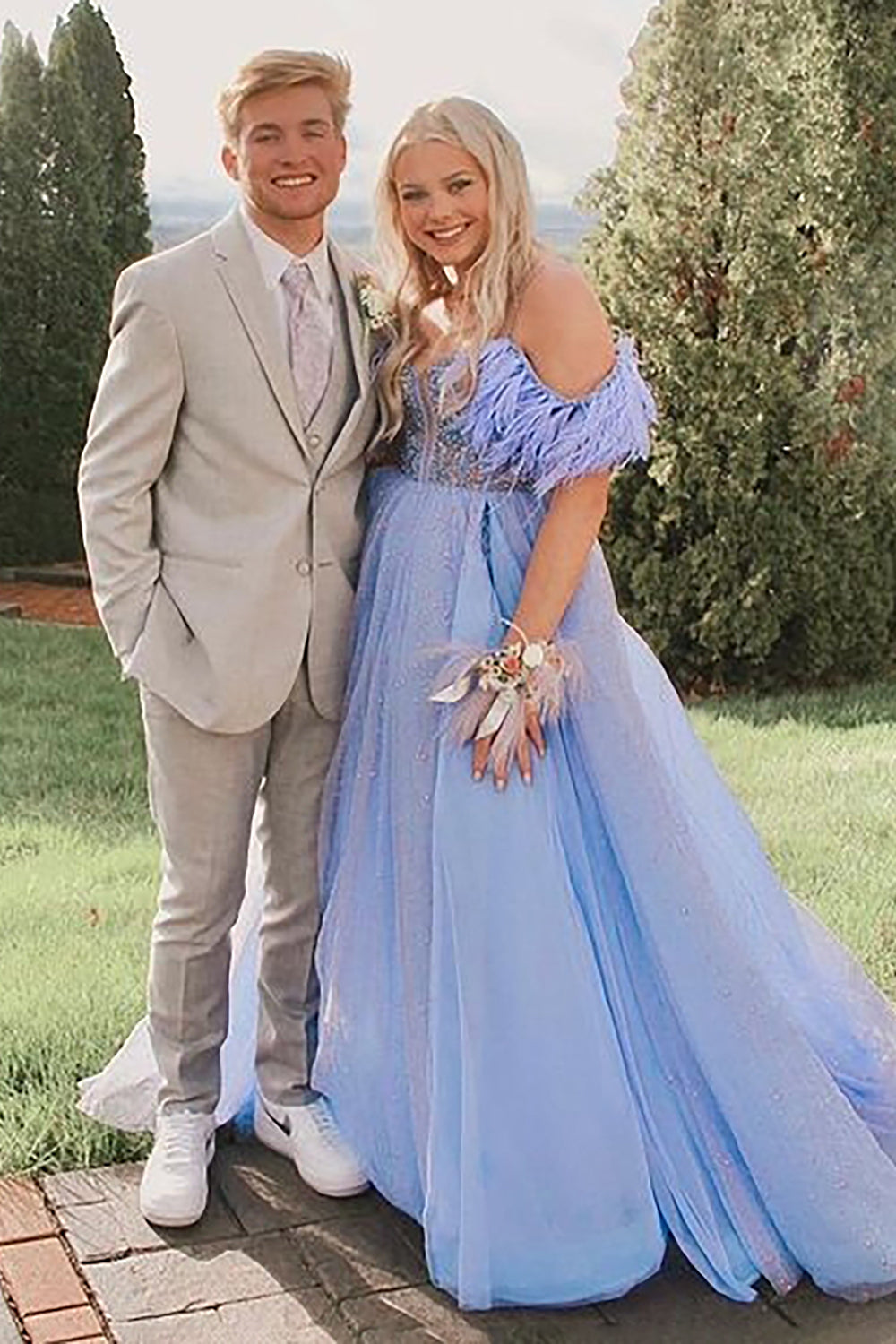 Blue Long Prom Dress with Feather in Off-the-Shoulder A-Line Style