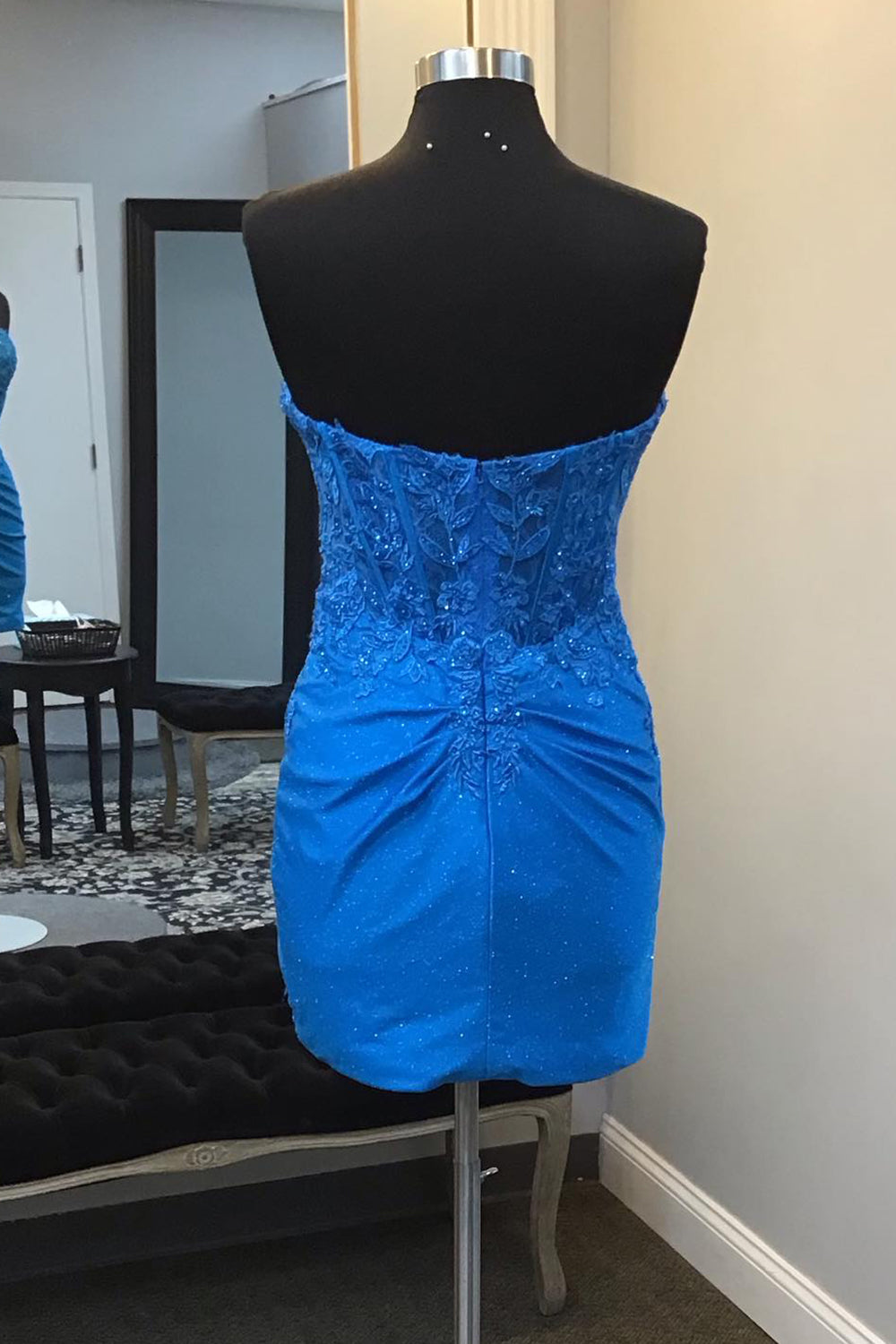 Glitter Royal Blue Corset Tight Short Homecoming Dress/Mini Dress with Lace