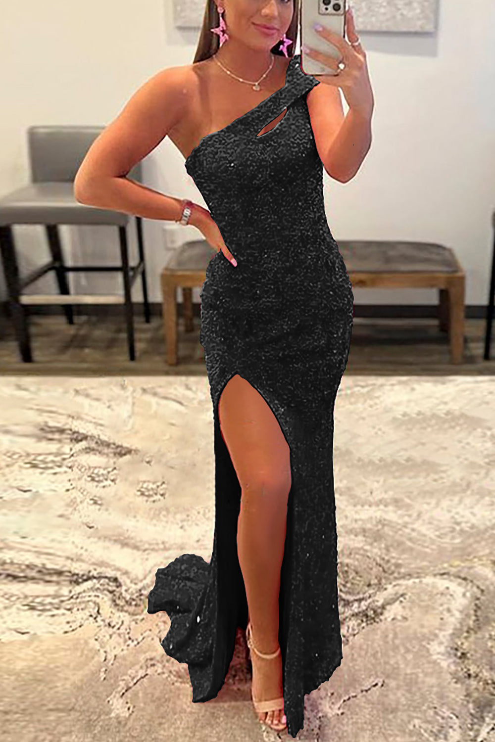 One Shoulder Fuchsia Prom Dress with Sequins