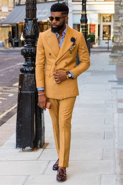 Handsome Yellow Double-Breasted Party Suit for Prom with Peaked Lapel