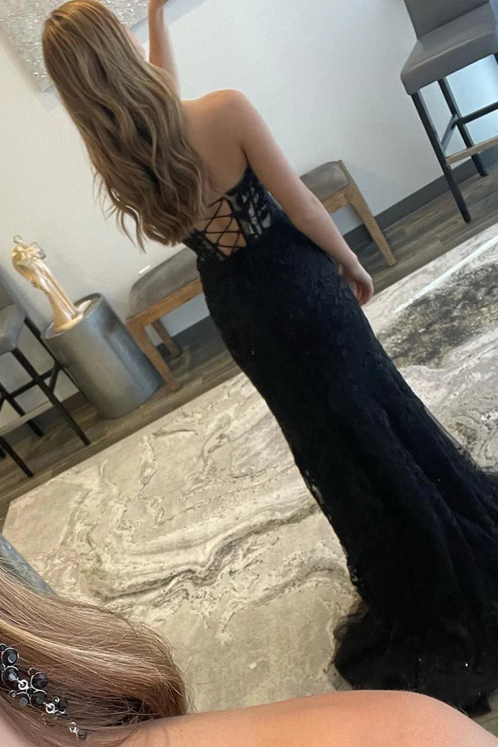 Long Black Sweetheart Corset Prom Dress Featuring Lace and a Slit