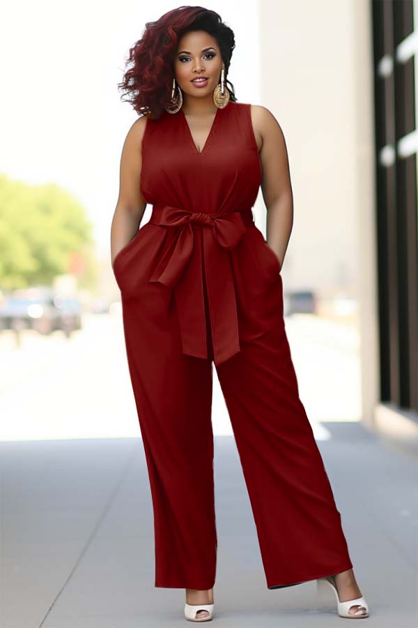 Pool Blue V-Neck Sleeveless Jump Suit With Bow Belt