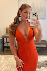 Orange Long Prom Dress with Beading in a Mermaid Deep V Neck