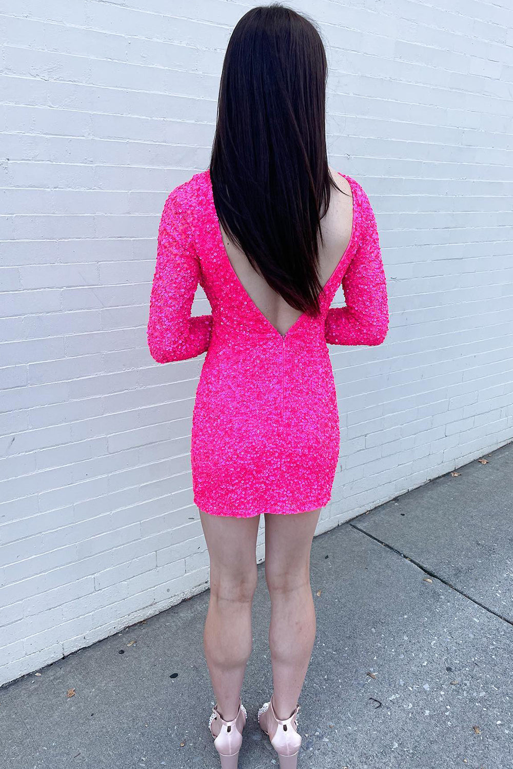 Sparkly Fuchsia Long Sleeves Tight Short Sequins Homecoming Dress/Mini Dress