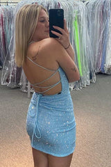 Sparkly Light Blue Sequin Lace-Up Back Short Homecoming Dress/Mini Dress
