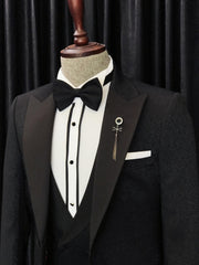 Newest Anthony Black Jacquard Three-Piece Peaked Lapel Wedding Men's Suits