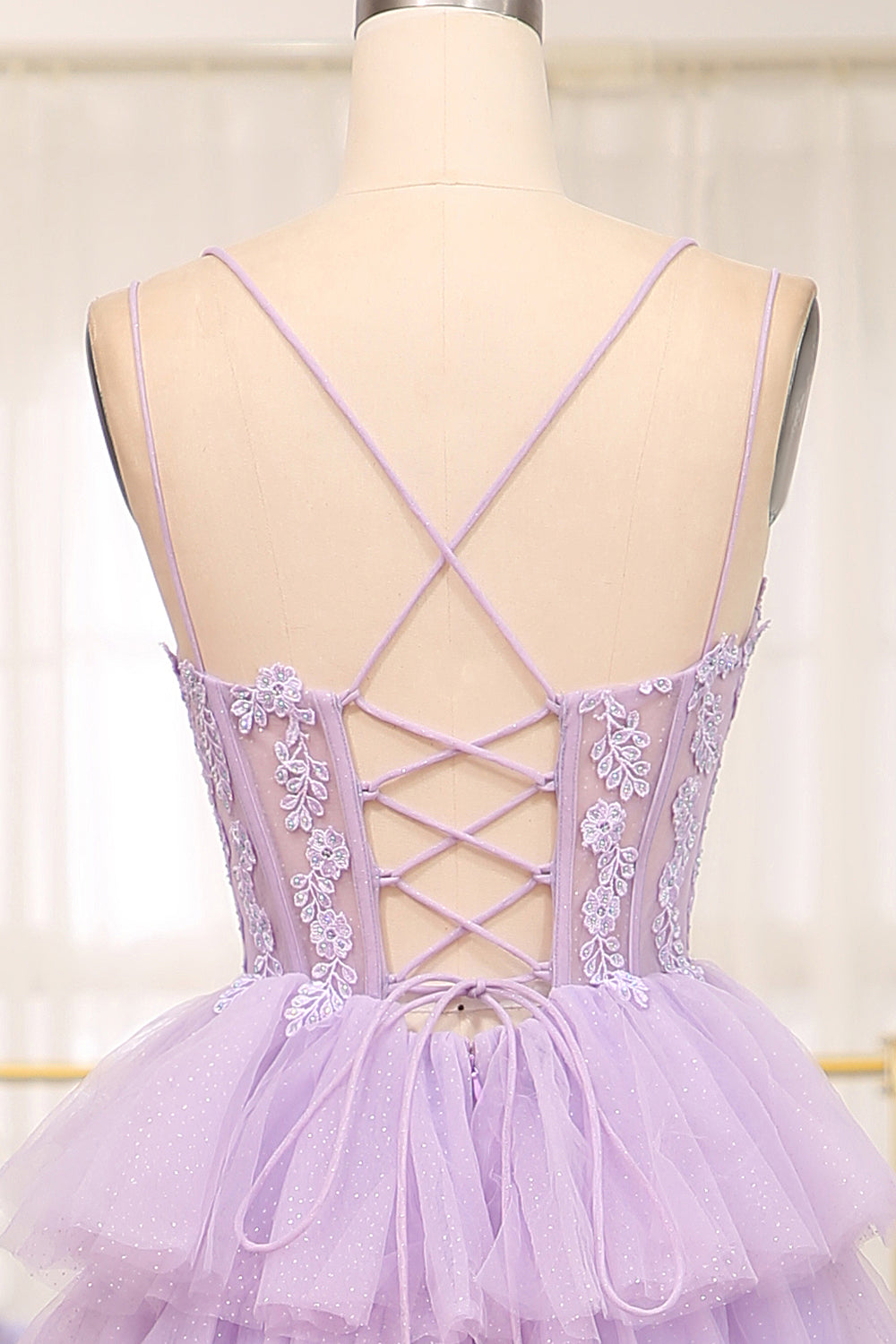 Long Prom Dress with Lilac Princess Spaghetti Straps and Tiered Tulle Appliques