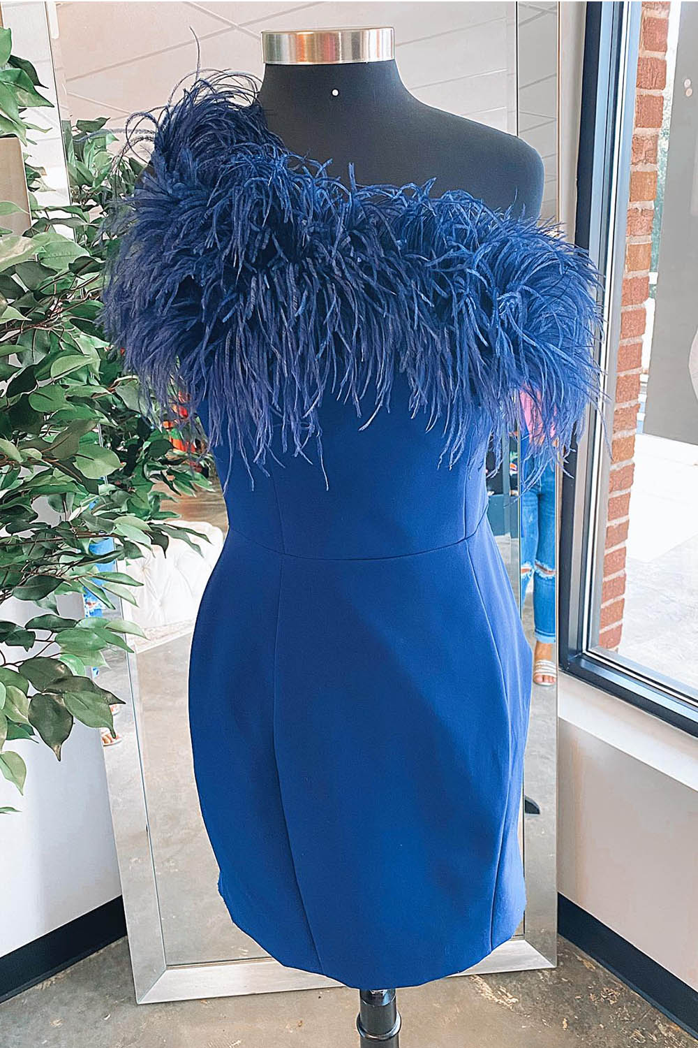 Blue Off the Shoulder Tight Short Homecoming Dress/Mini Dress with Feathers