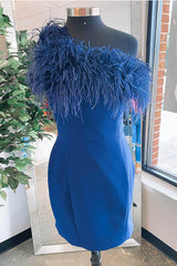 Blue Off the Shoulder Tight Short Homecoming Dress/Mini Dress with Feathers