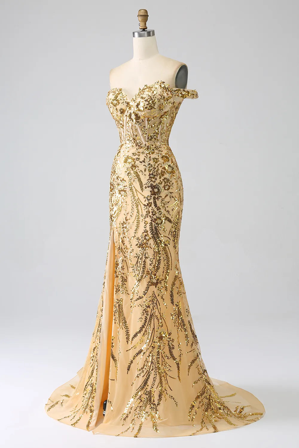 Golden Sparkle Mermaid Prom Dress with Shoulder Slit and Sequins