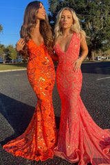 Elegant Orange Mermaid Prom Dress with Deep V Neck and Embroidery