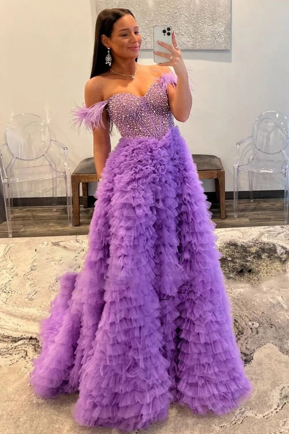 A-Line Long Corset Prom Dress in Pink with Off the Shoulder Tulle Tiered Design and Beading