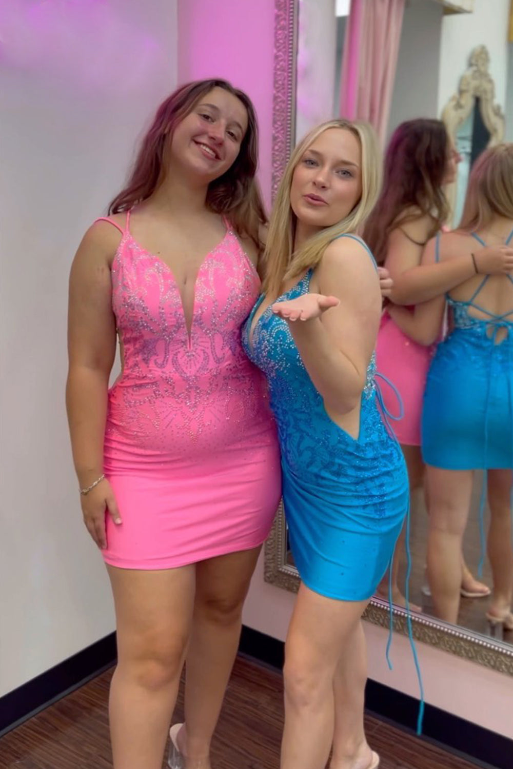 Sparkly Hot Pink Sequined Satin Tight Short Homecoming Dress/Mini Dress