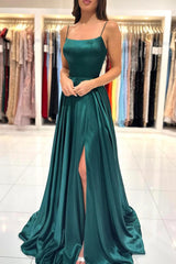 Dark Green Backless Satin Prom Dress with Spaghetti Straps in A-Line