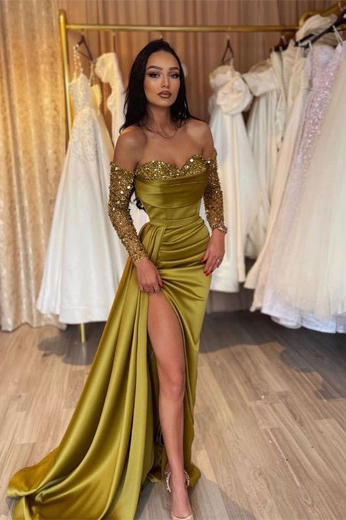 Green Sweetheart Applique Long Sleeves With Split Evening Dress