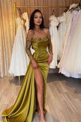 Green Sweetheart Applique Long Sleeves With Split Evening Dress
