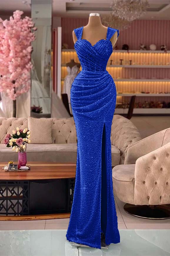 Classic Mermaid Sequins Sweetheart Split Straps Evening Dress With Pleated