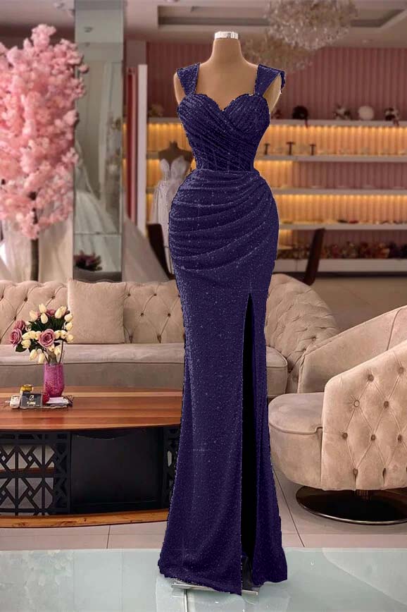 Classic Mermaid Sequins Sweetheart Split Straps Evening Dress With Pleated
