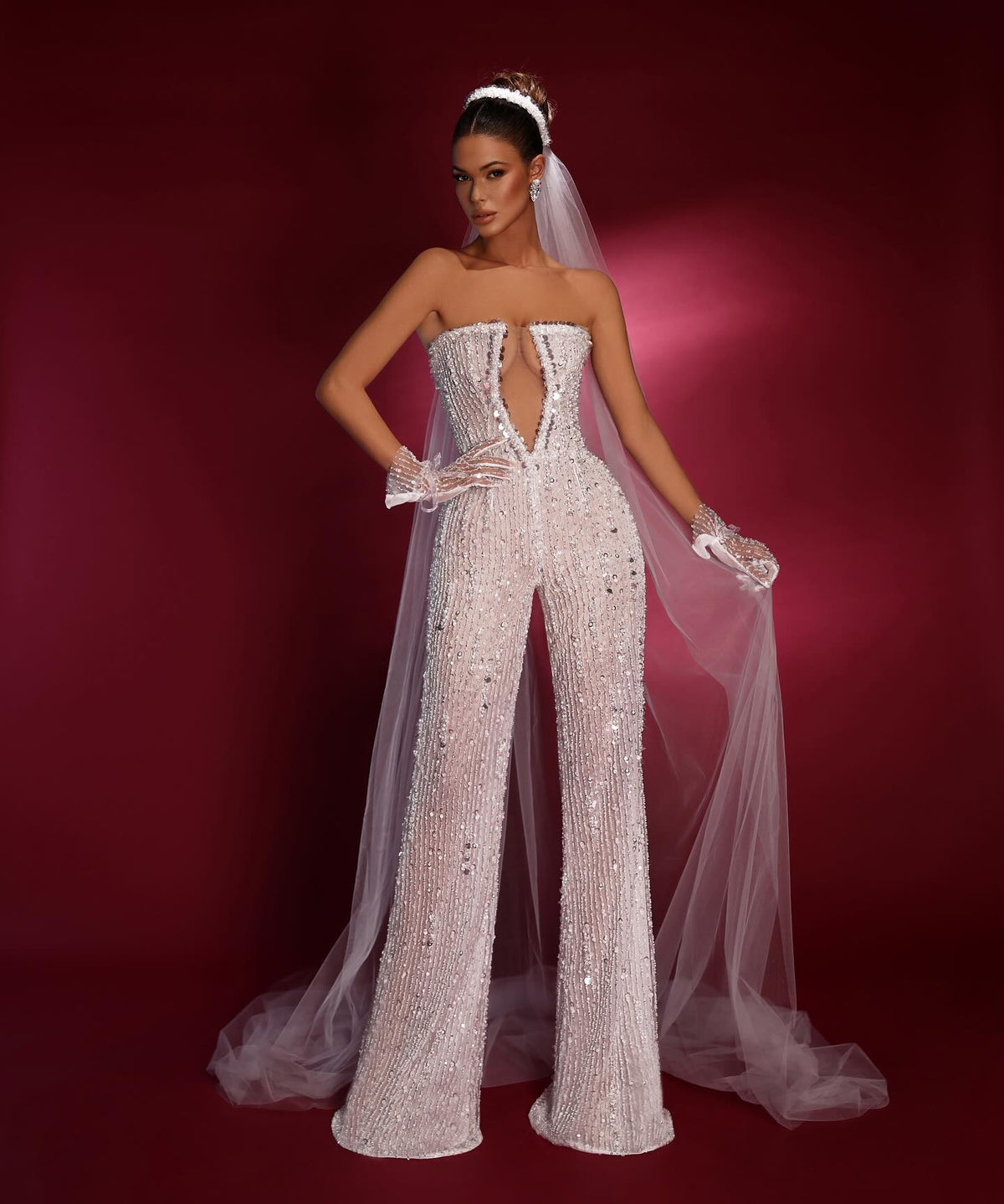 Sexy Strapless Sleeveless White Sequins Jump Suit With Gloves