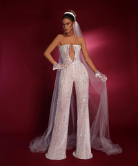 Sexy Strapless Sleeveless White Sequins Jump Suit With Gloves