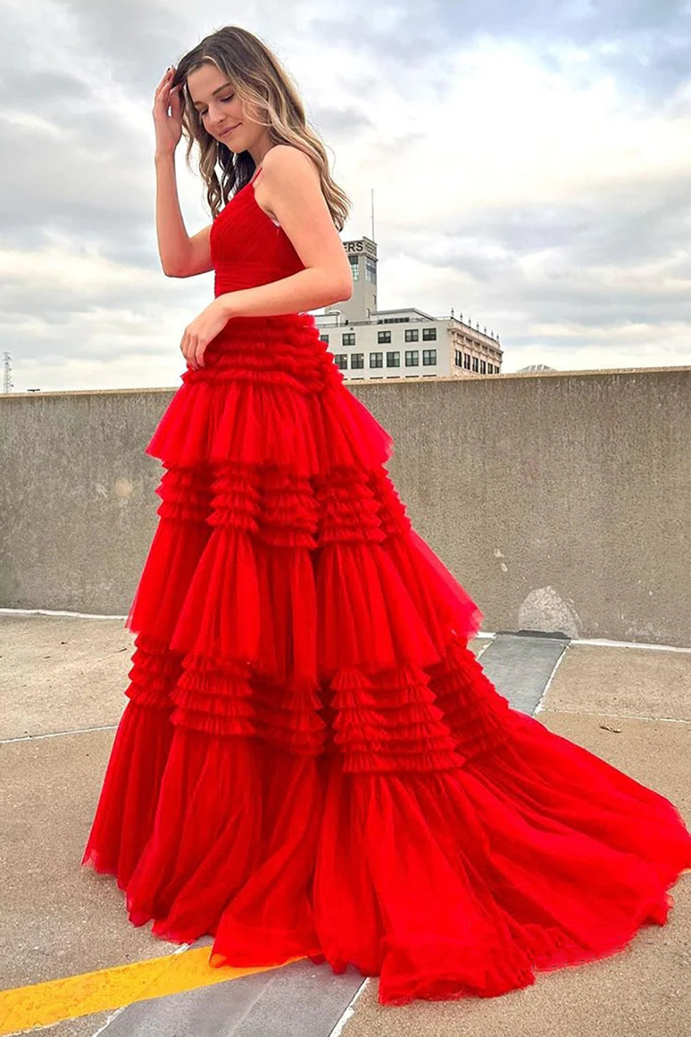 Long White Prom Dress with Tiered Tulle and Spaghetti Straps Featuring a Slit