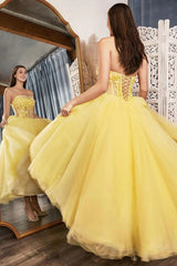 Long Yellow Strapless Prom Dress with Criss Cross Back in A-Line Style