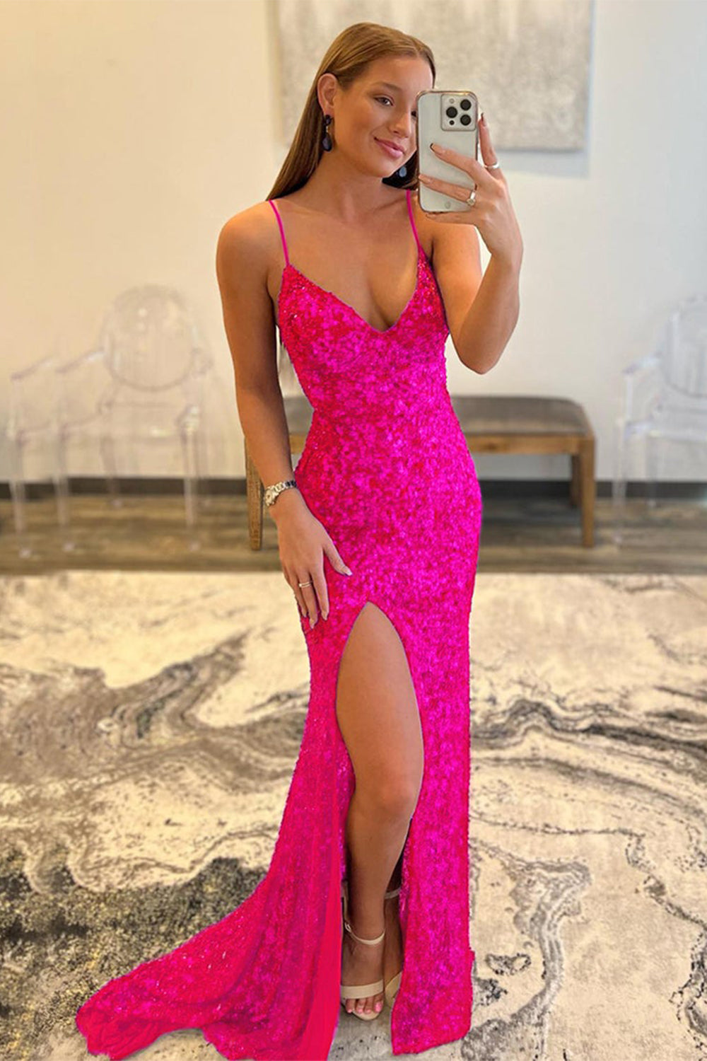 Prom Dress in Gold with Mermaid Sequin Design and Slit