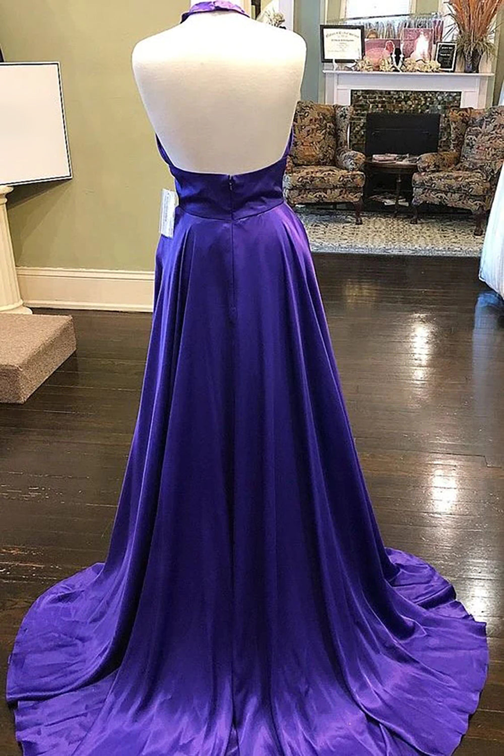 Long Backless Purple Prom Dress in A-Line Halter Style
