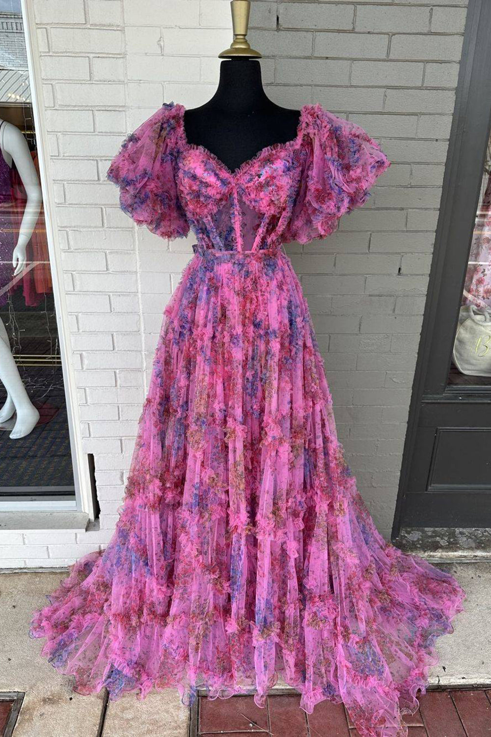 A Line Sweetheart Fuchsia Floral Printed Long Prom Dress with Short Sleeves 鈥?Simply Unforgettable