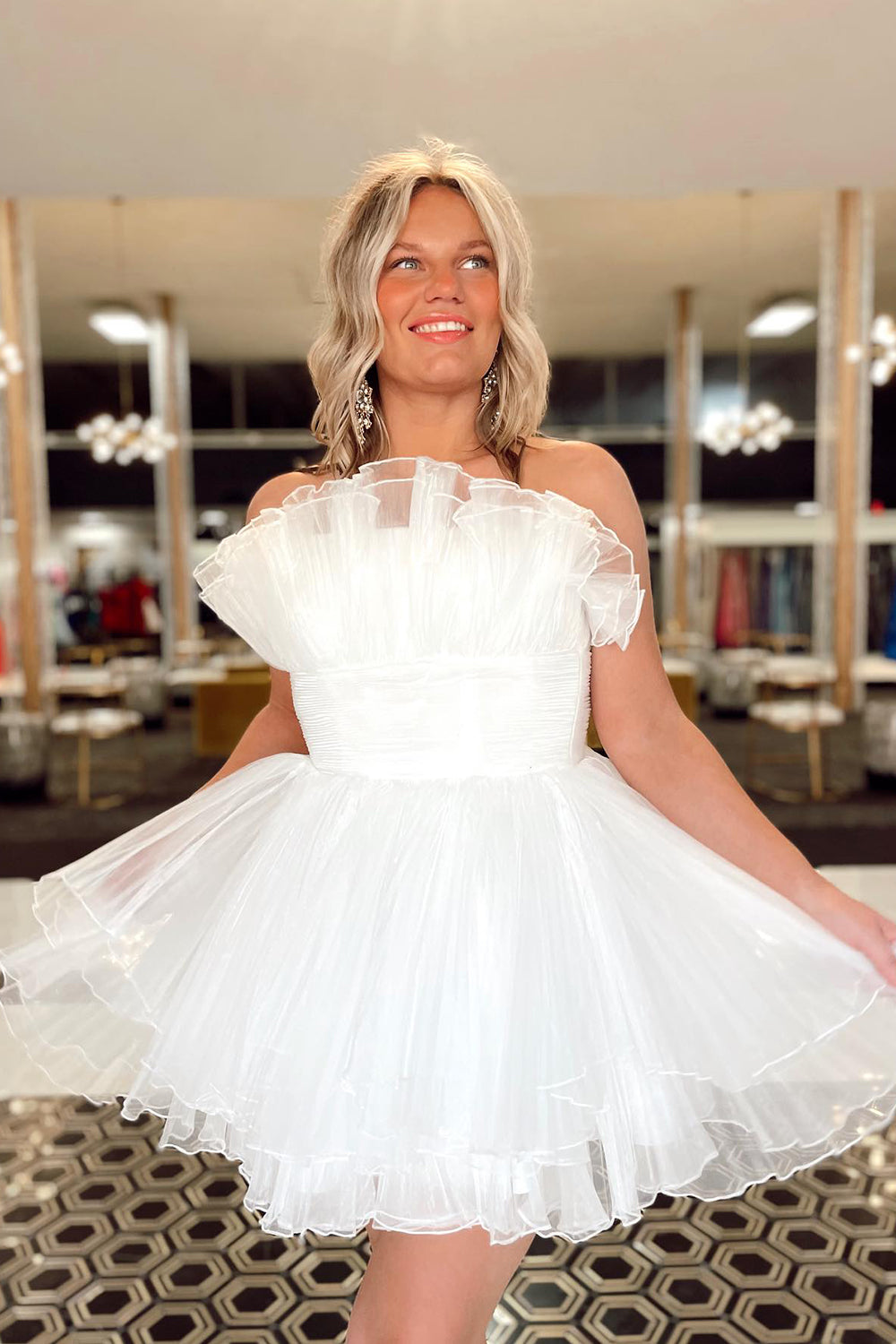 Fluffy Blue A-Line Strapless Ruffled Short Homecoming Dress/Mini Dress