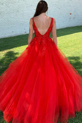 Long V-Neck Red Prom Dress in A-Line Style Featuring Appliques