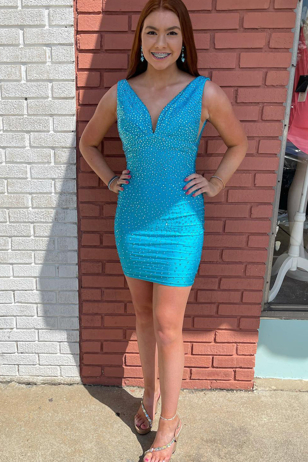 Sparkly Coral Beaded V-Neck Backless Tight Short Homecoming Dress/Mini Dress