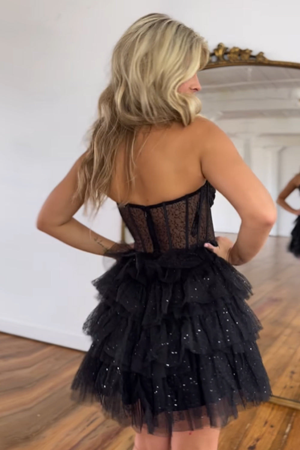 Sparkly Black Corset Tiered A-Line Tulle Short Homecoming Dress/Mini Dress
