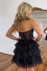 Glitter Black Corset Tiered A-Line Tulle Short Homecoming Dress/Mini Dress