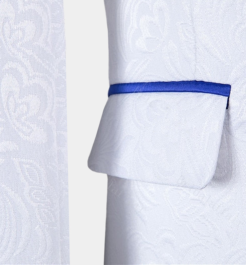 Blue Shawl Lapel Suit for Groom with White Jacquard Tuxedo