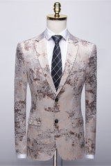 Light Brown Printed Notched-Lapel Wedding Tuxedos with White Pants