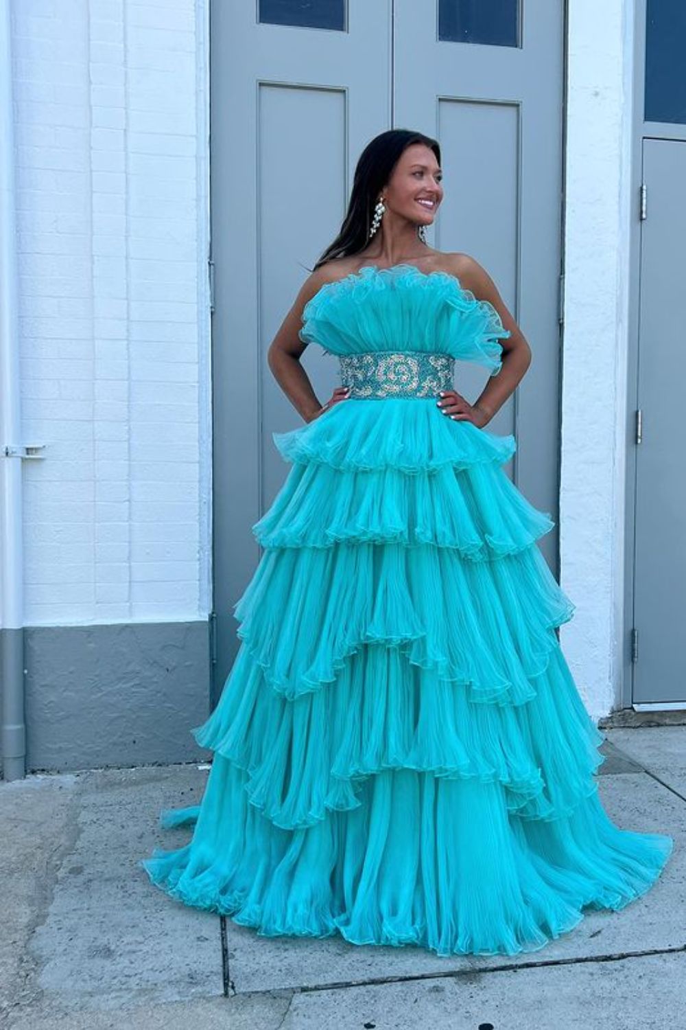 Long Blue Strapless Prom Dress with Beading in Princess Tulle