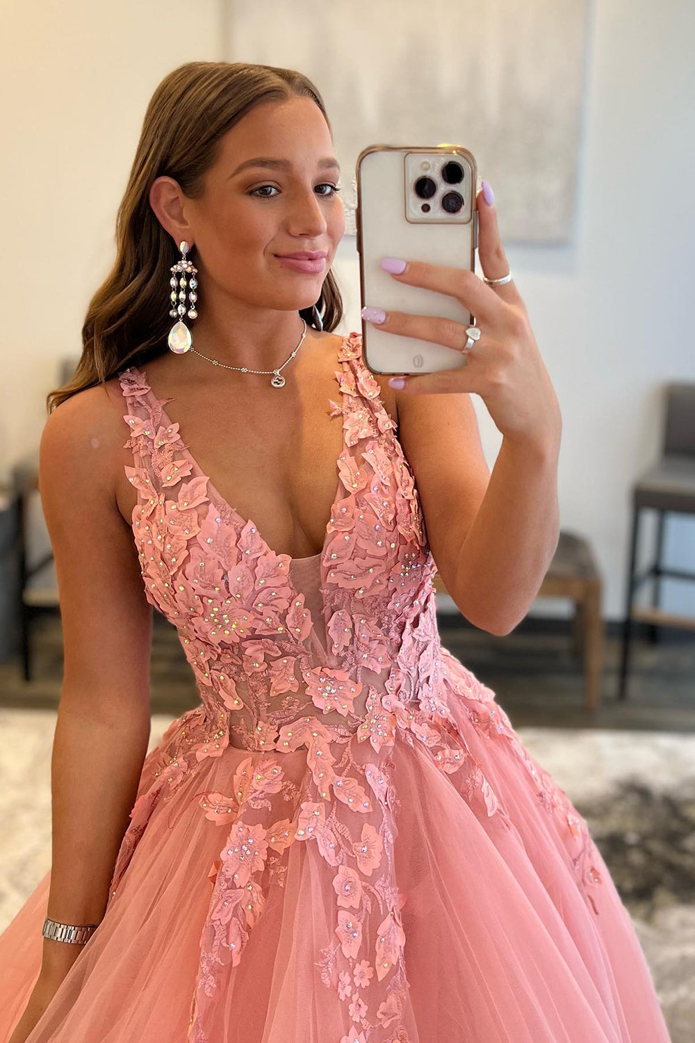 Blush A-Line Long Prom Dress with Deep V Neckline and Princess Appliques