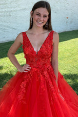 Long V-Neck Red Prom Dress in A-Line Style Featuring Appliques