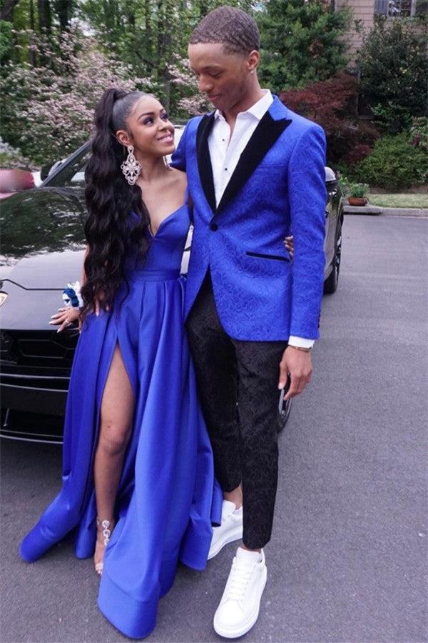 Stylish Royal Blue Jacquard Peaked Lapel Dinner Prom Suit for Man with One Button