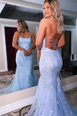 Backless Mermaid Prom Dress in Blue Lace