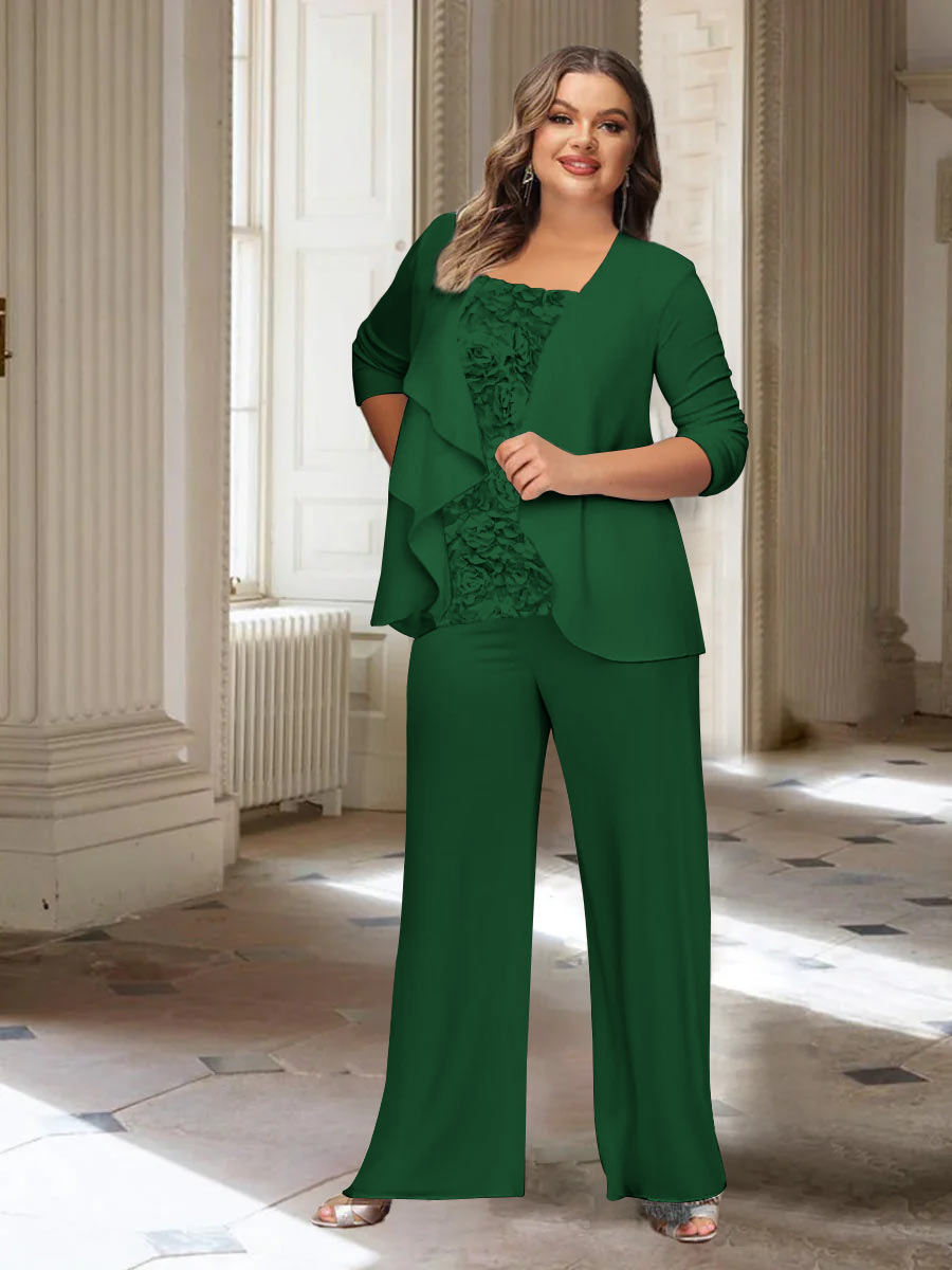 Plus Size Mother of the Bride Chiffon Pantsuit with Long Sleeves and Jacket