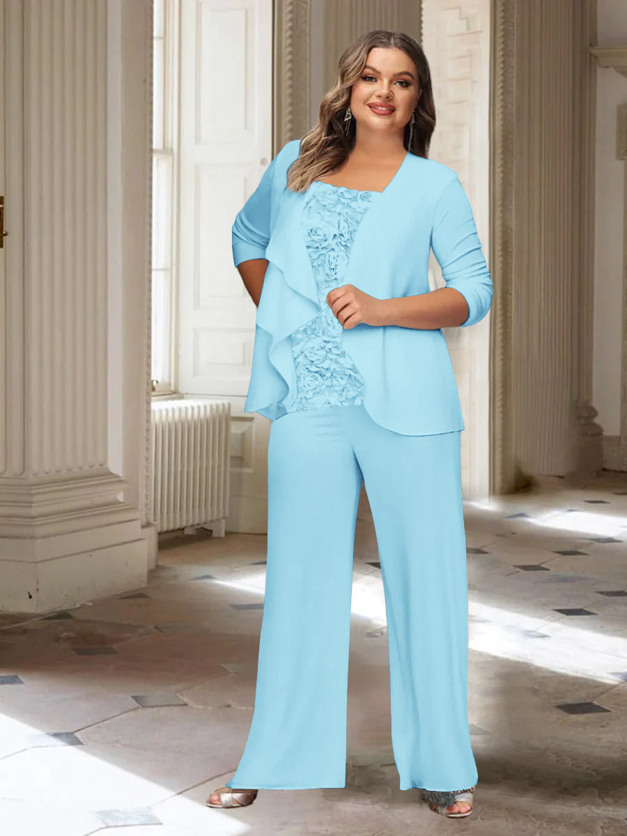 Plus Size Mother of the Bride Chiffon Pantsuit with Long Sleeves and Jacket