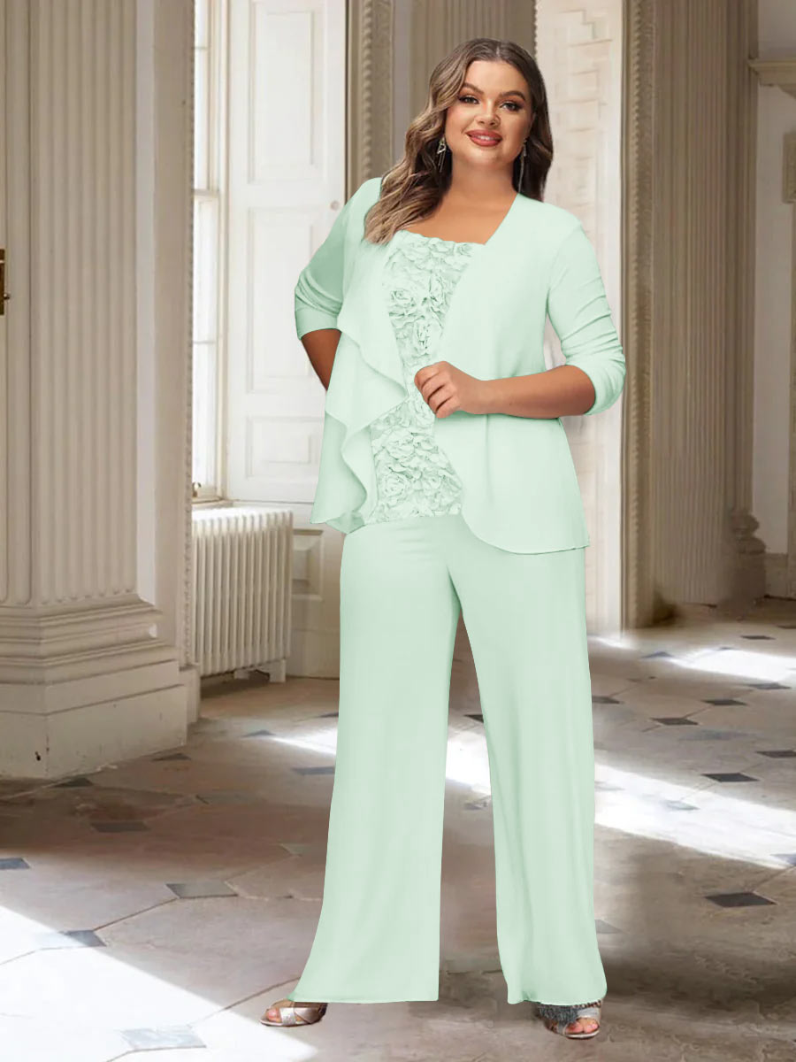 Plus Size Mother of the Bride Chiffon Pantsuit with Long Sleeves and Jacket