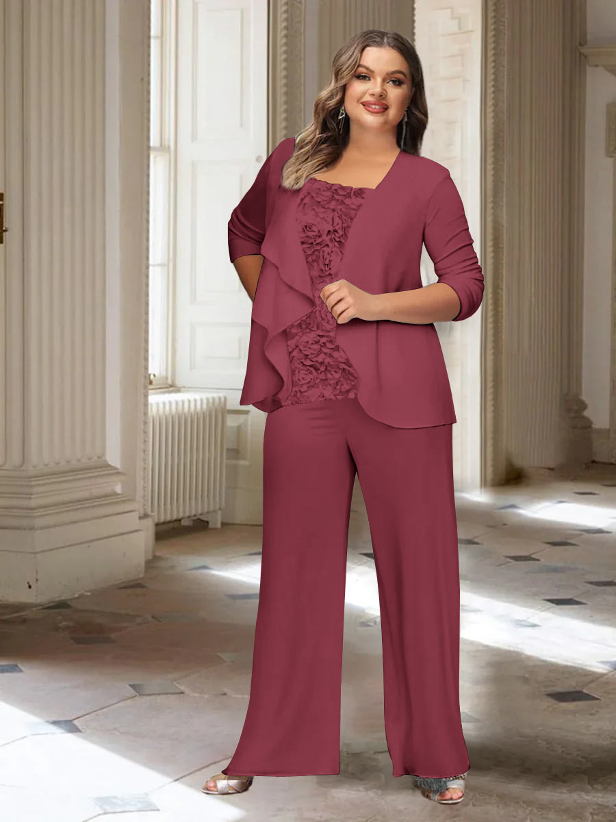 Plus Size Mother of the Bride Chiffon Pantsuit with Long Sleeves and Jacket