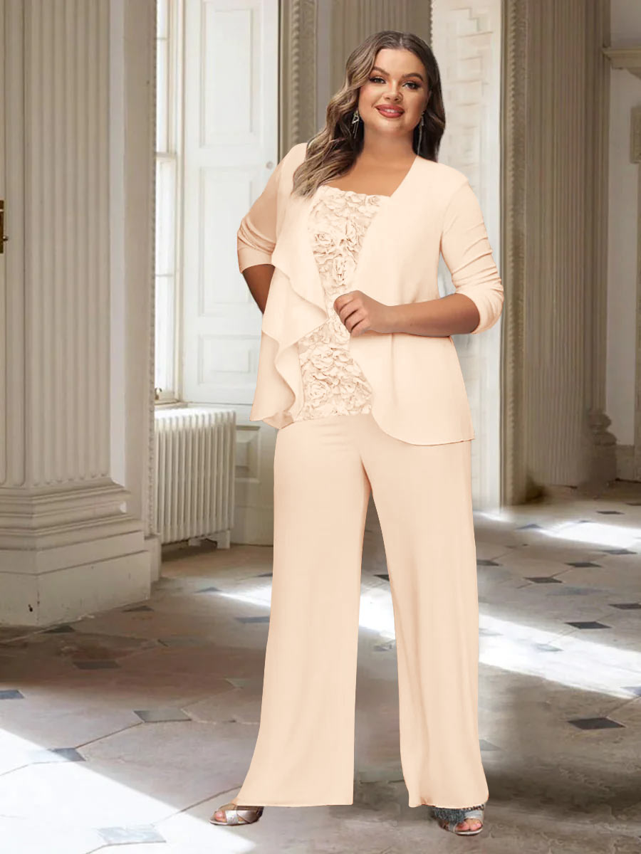 Plus Size Mother of the Bride Chiffon Pantsuit with Long Sleeves and Jacket
