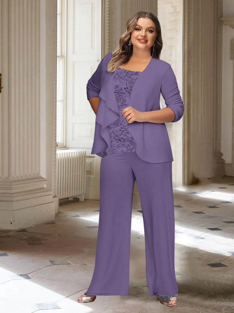 Plus Size Mother of the Bride Chiffon Pantsuit with Long Sleeves and Jacket
